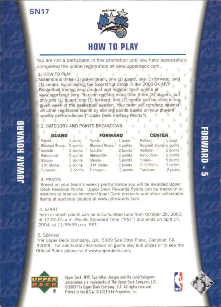 2003-04 Upper Deck MVP Sportsnut Fantasy #SN17 Juwan Howard back image