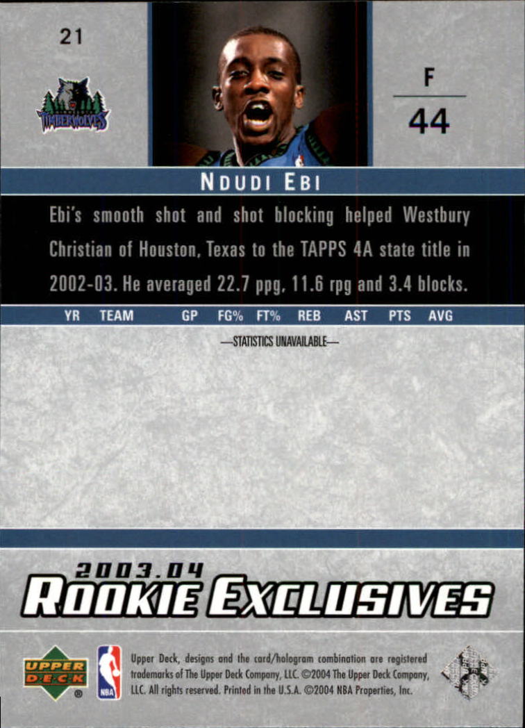 2003-04 Upper Deck Rookie Exclusives #21 Ndudi Ebi RC back image