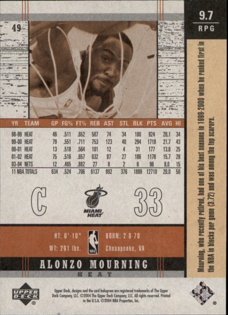 2003-04 Upper Deck Legends Throwback #49 Alonzo Mourning back image