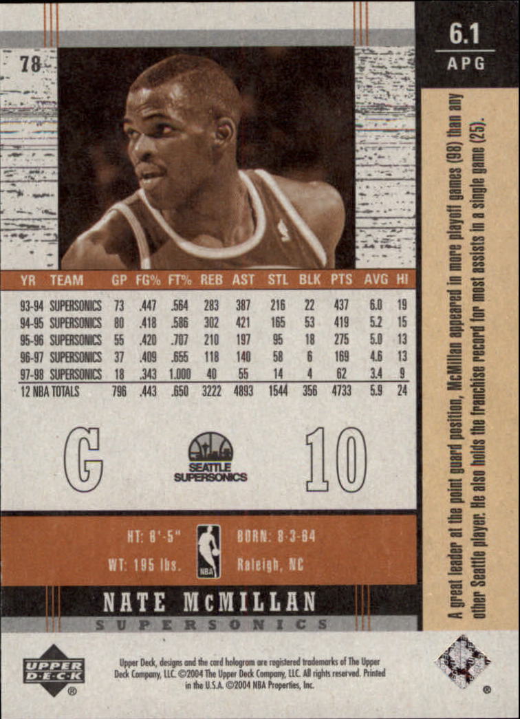 2003-04 Upper Deck Legends Throwback #78 Nate McMillan back image
