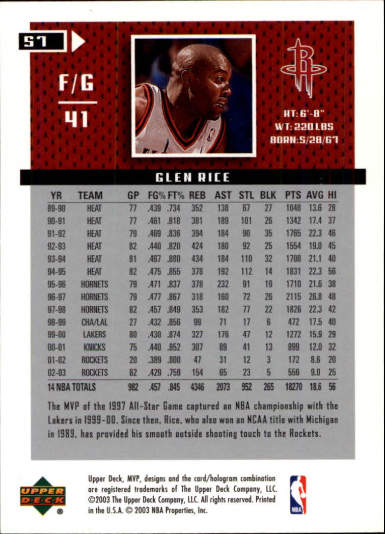 2003-04 Upper Deck MVP #57 Glen Rice back image