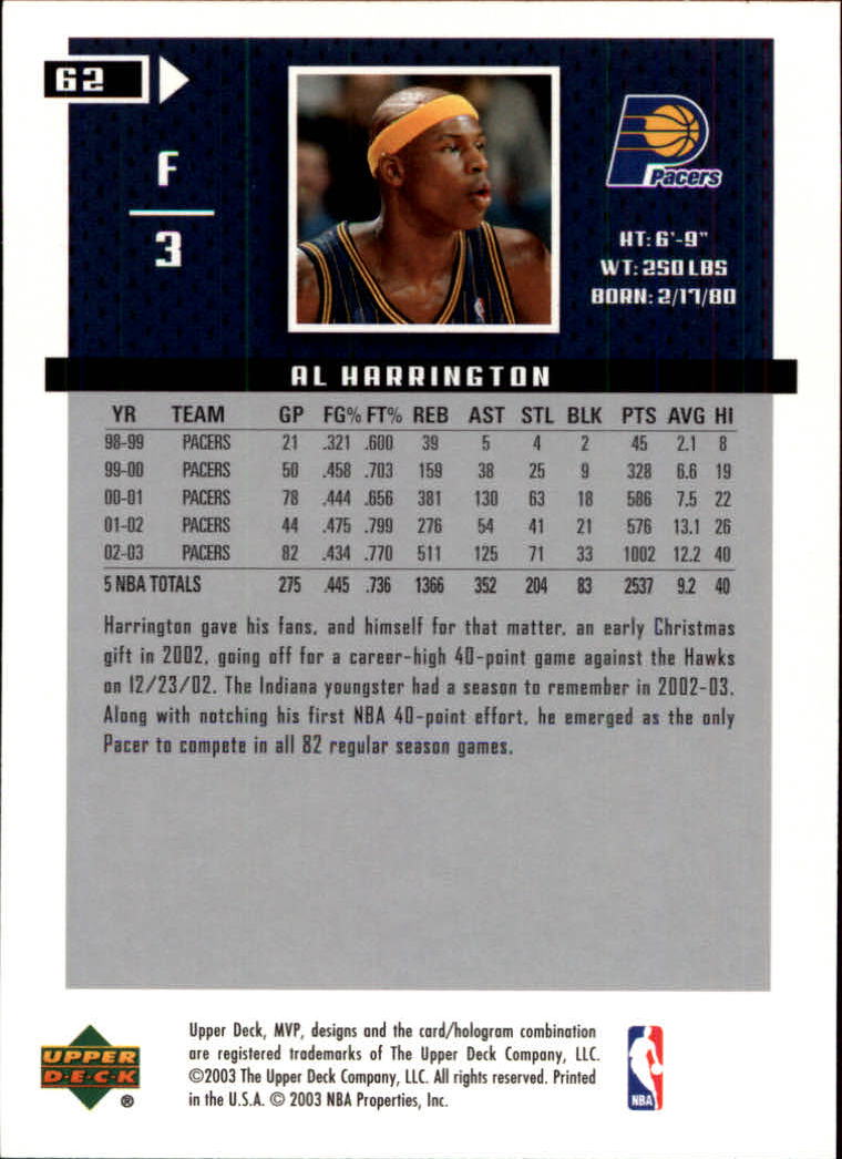 2003-04 Upper Deck MVP #62 Al Harrington back image