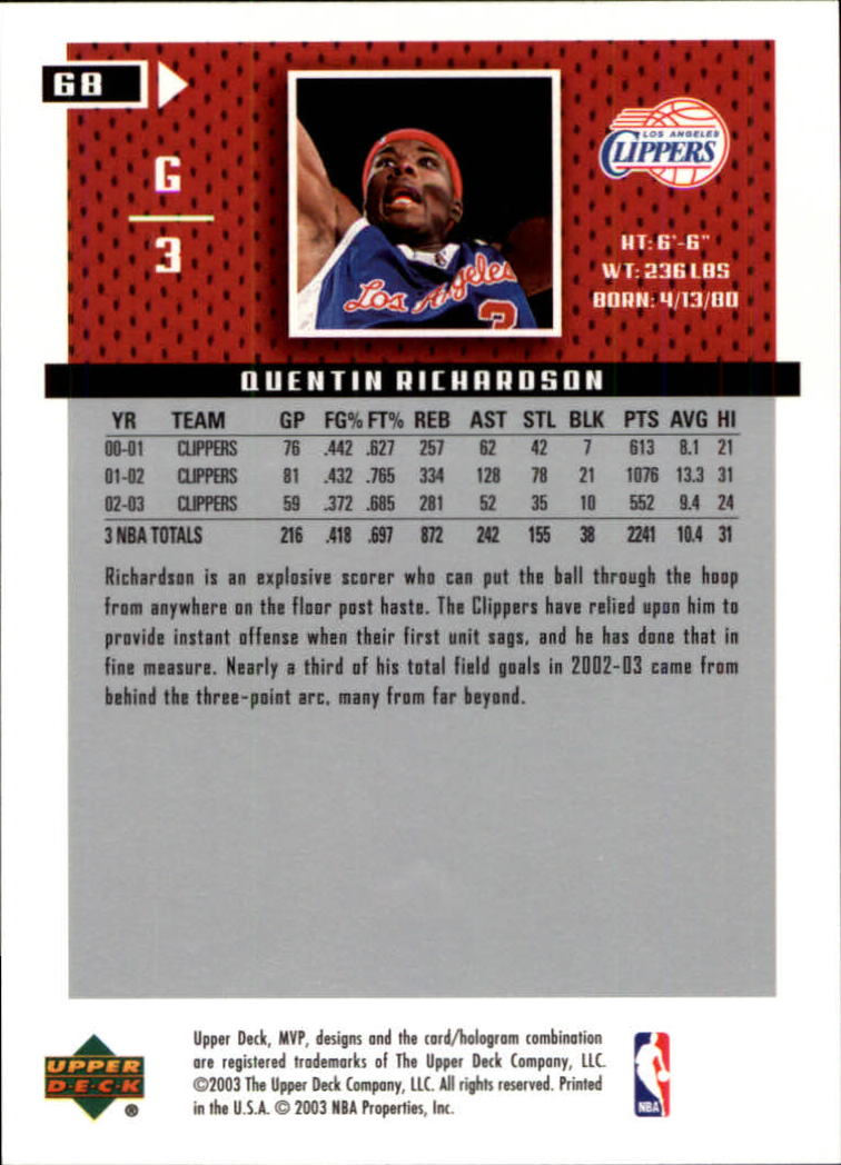 2003-04 Upper Deck MVP #68 Quentin Richardson back image