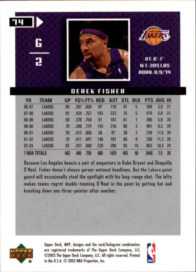 2003-04 Upper Deck MVP #74 Derek Fisher back image