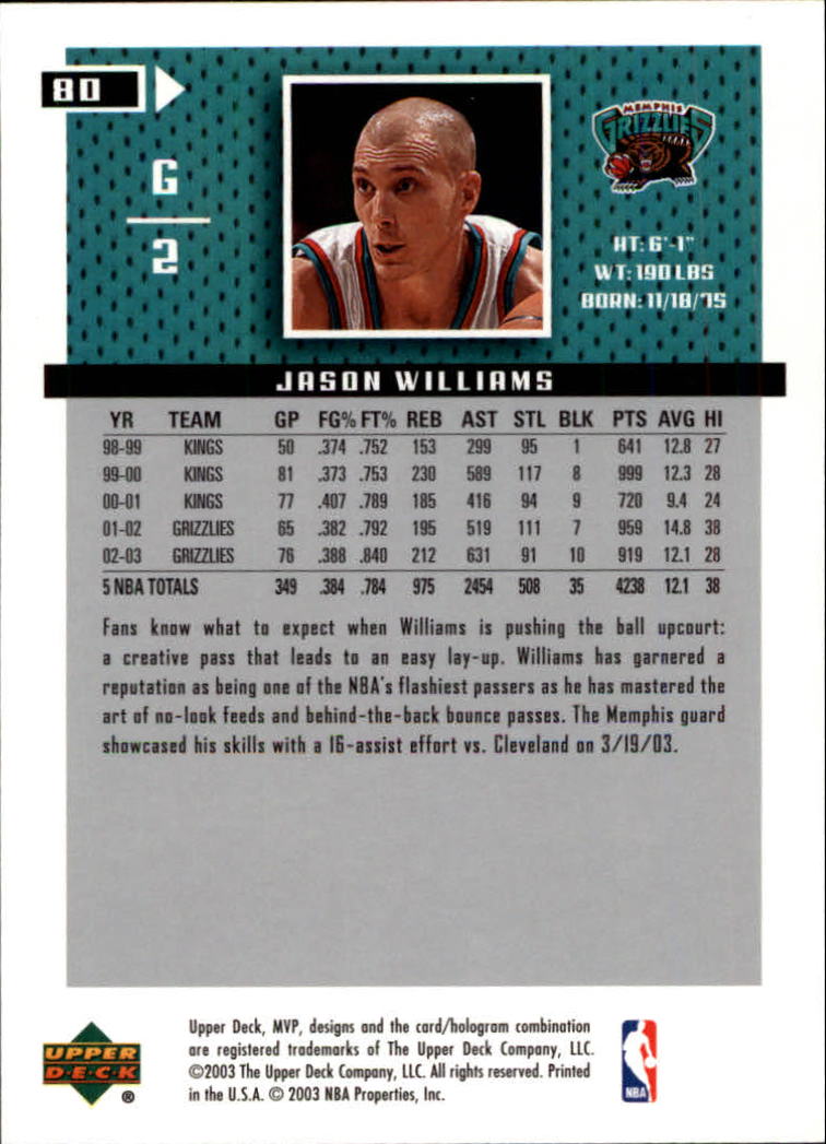 2003-04 Upper Deck MVP #80 Jason Williams back image