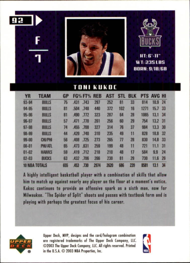2003-04 Upper Deck MVP #92 Toni Kukoc back image