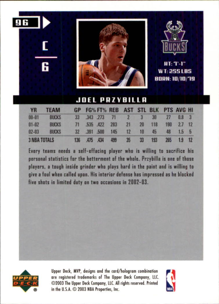 2003-04 Upper Deck MVP #96 Joel Przybilla back image