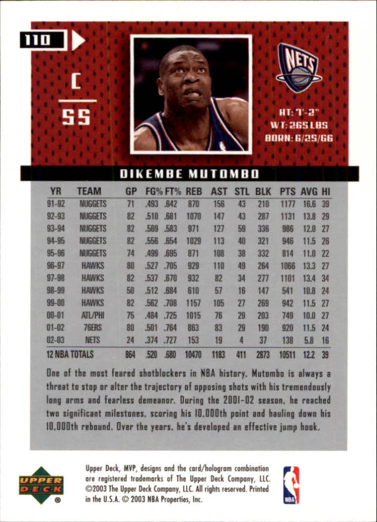 2003-04 Upper Deck MVP #110 Dikembe Mutombo back image