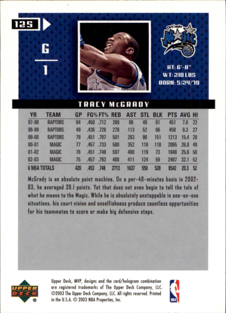 2003-04 Upper Deck MVP #125 Tracy McGrady back image