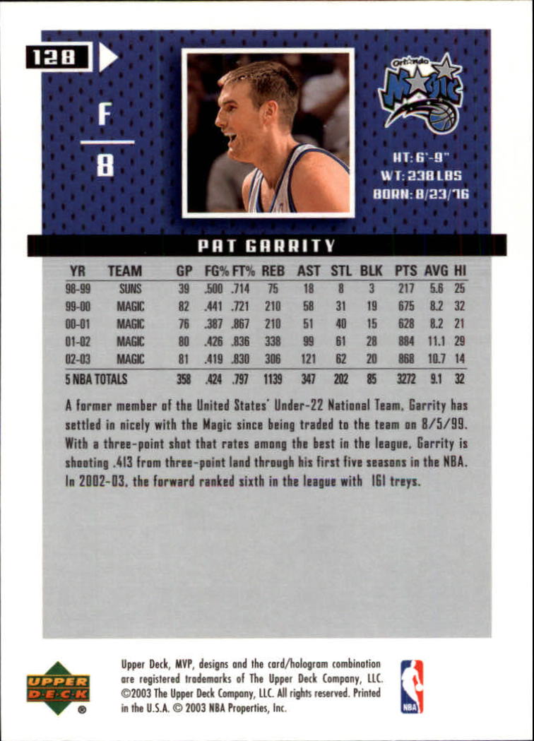 2003-04 Upper Deck MVP #128 Pat Garrity back image