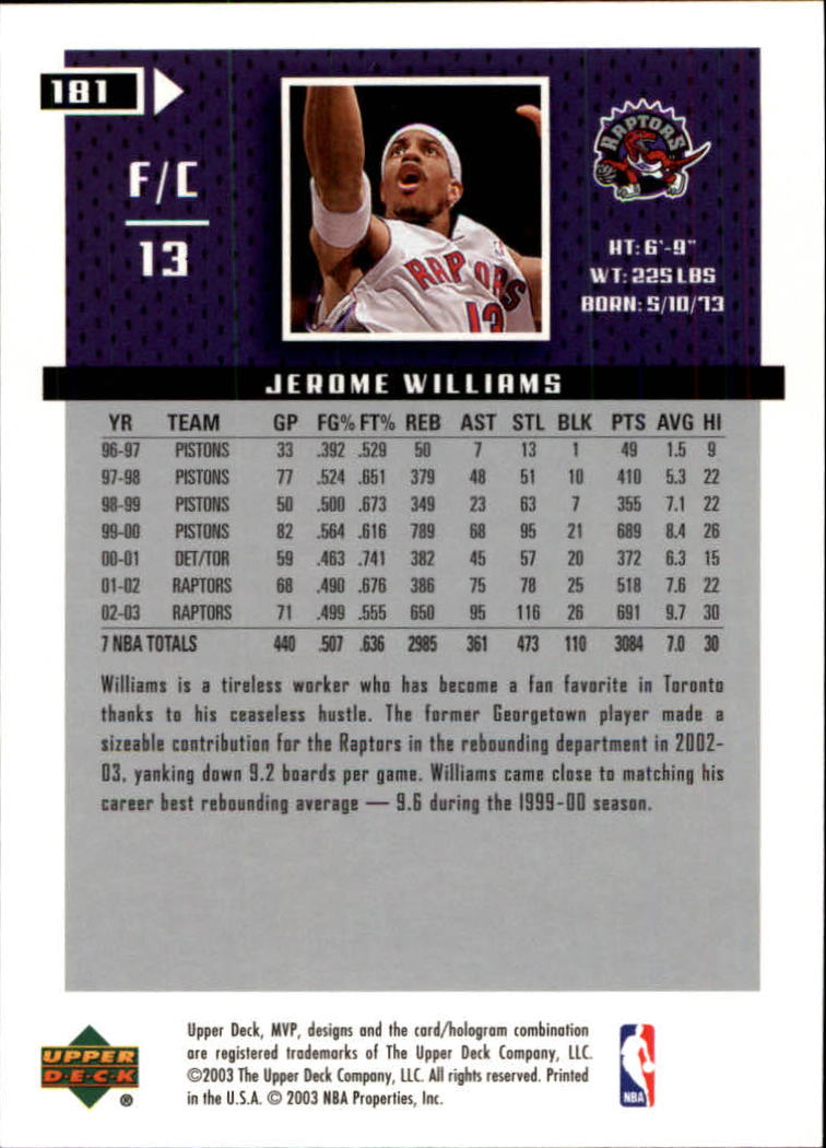 2003-04 Upper Deck MVP #181 Jerome Williams back image
