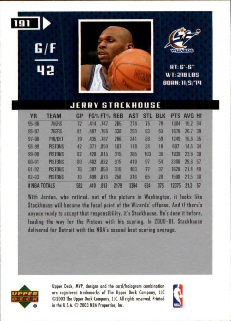2003-04 Upper Deck MVP #191 Jerry Stackhouse back image