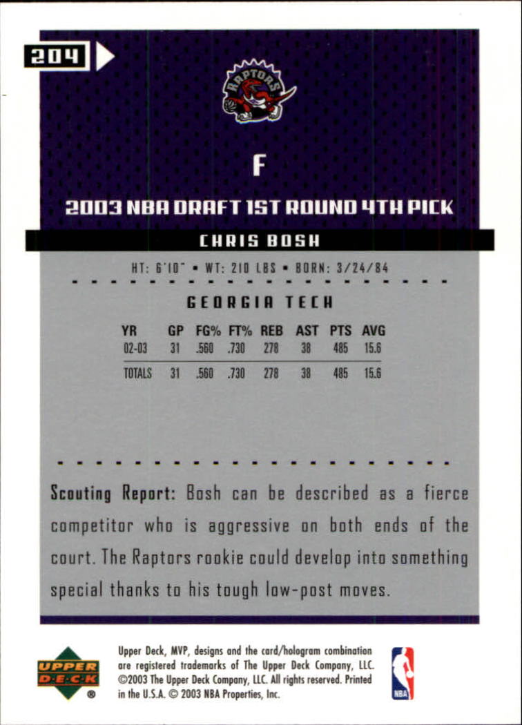 2003-04 Upper Deck MVP #204 Chris Bosh RC back image