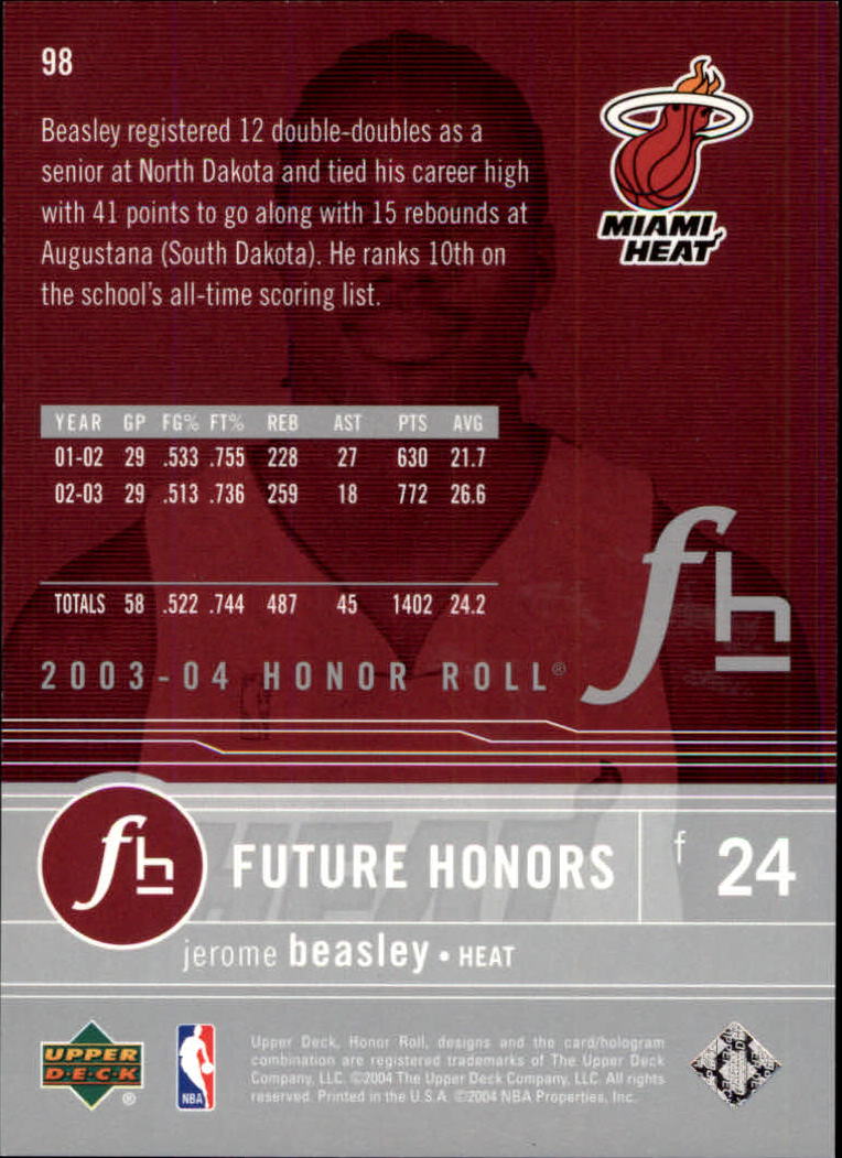 2003-04 Upper Deck Honor Roll #98 Jerome Beasley RC back image