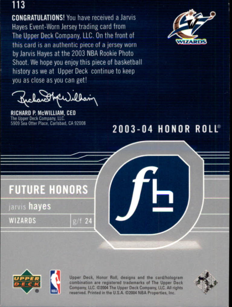 2003-04 Upper Deck Honor Roll #113 Jarvis Hayes JSY RC back image