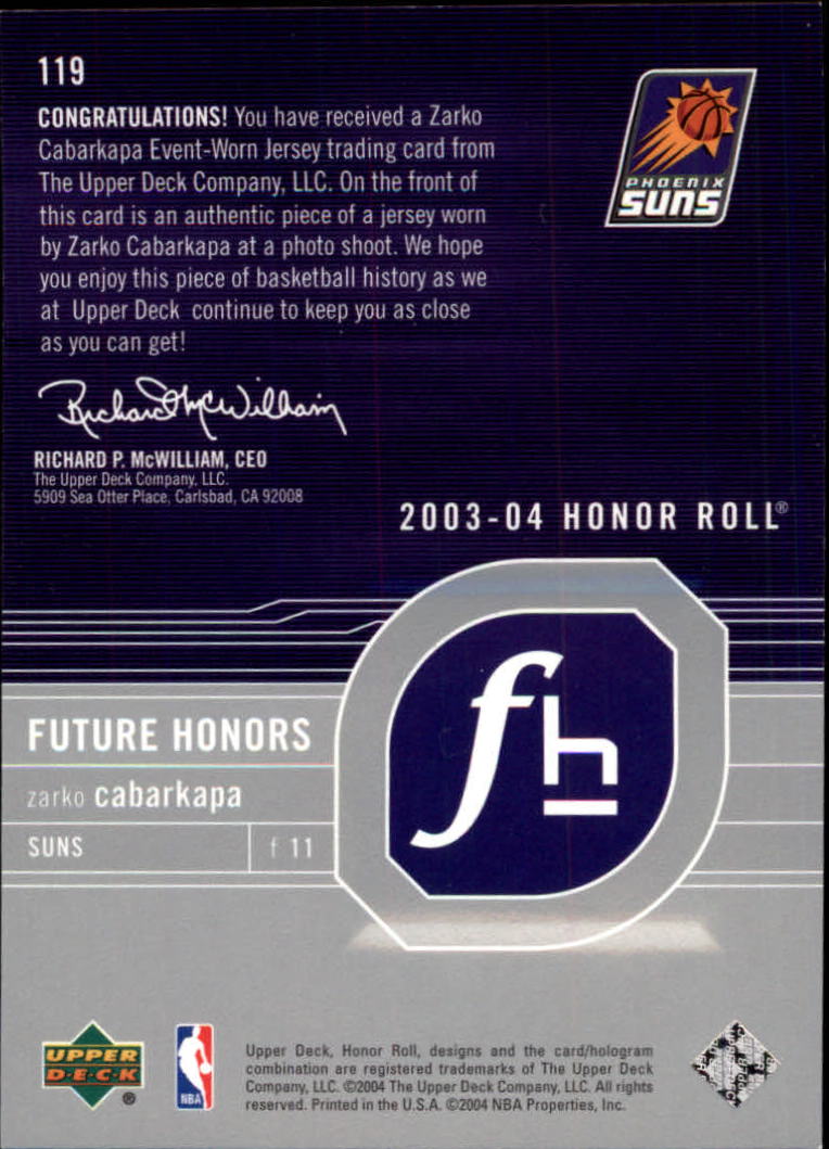 2003-04 Upper Deck Honor Roll #119 Zarko Cabarkapa JSY RC back image