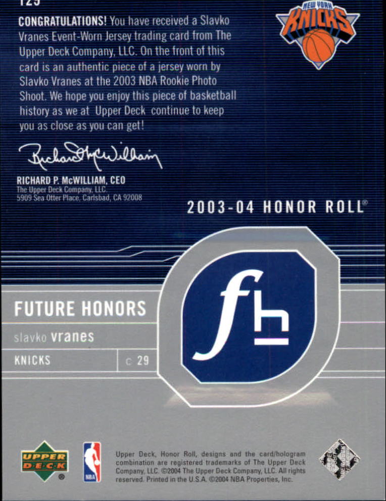 2003-04 Upper Deck Honor Roll #129 Slavko Vranes JSY RC back image