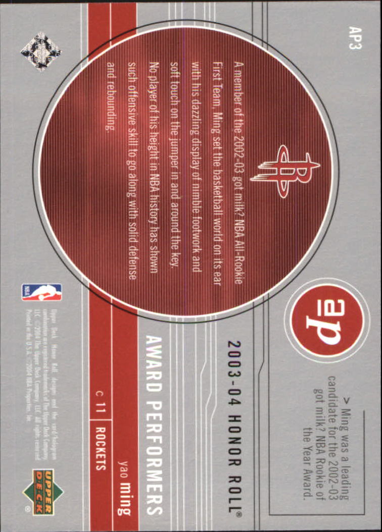 2003-04 Upper Deck Honor Roll Award Performers #AP3 Yao Ming back image