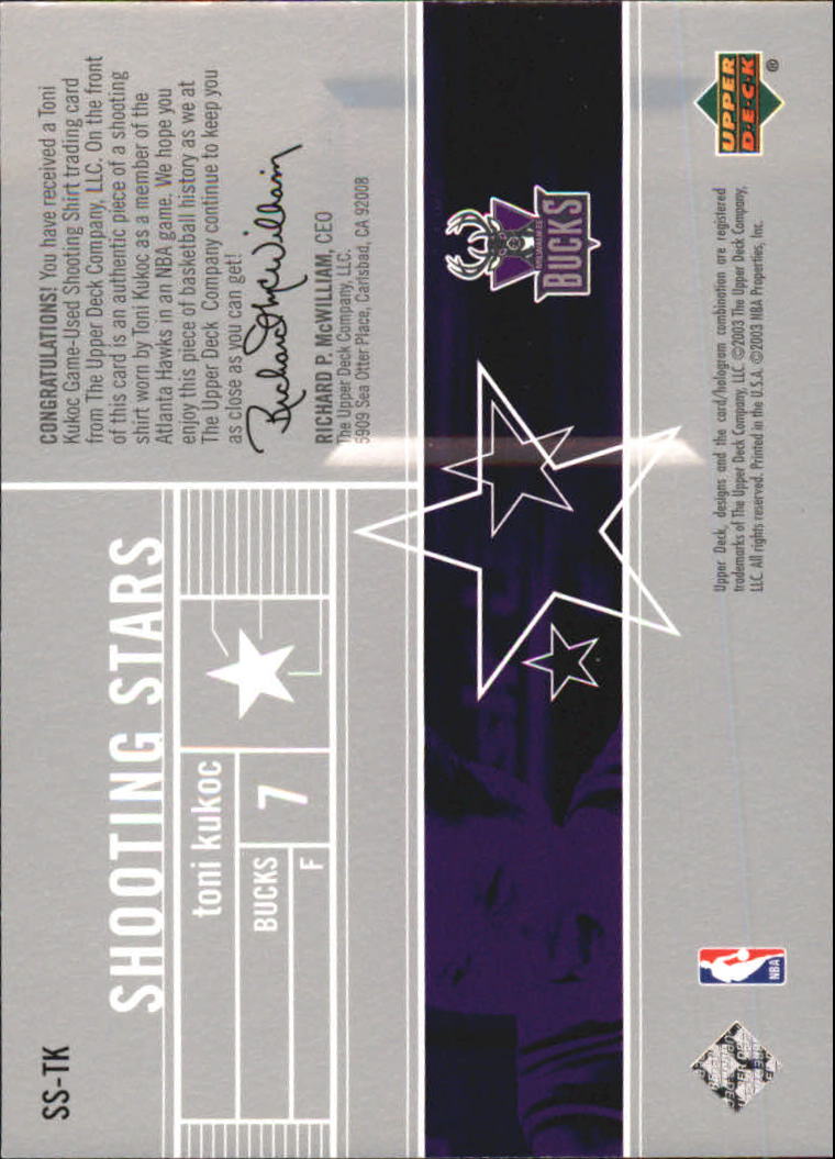 2003-04 Upper Deck Shooting Stars Jerseys #SSTK Toni Kukoc back image