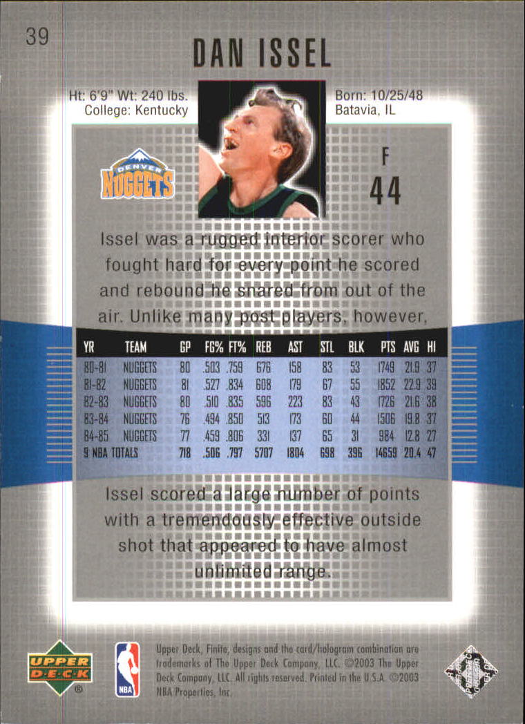 2003-04 Upper Deck Finite #39 Dan Issel back image