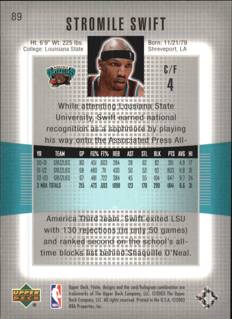 2003-04 Upper Deck Finite #89 Stromile Swift back image