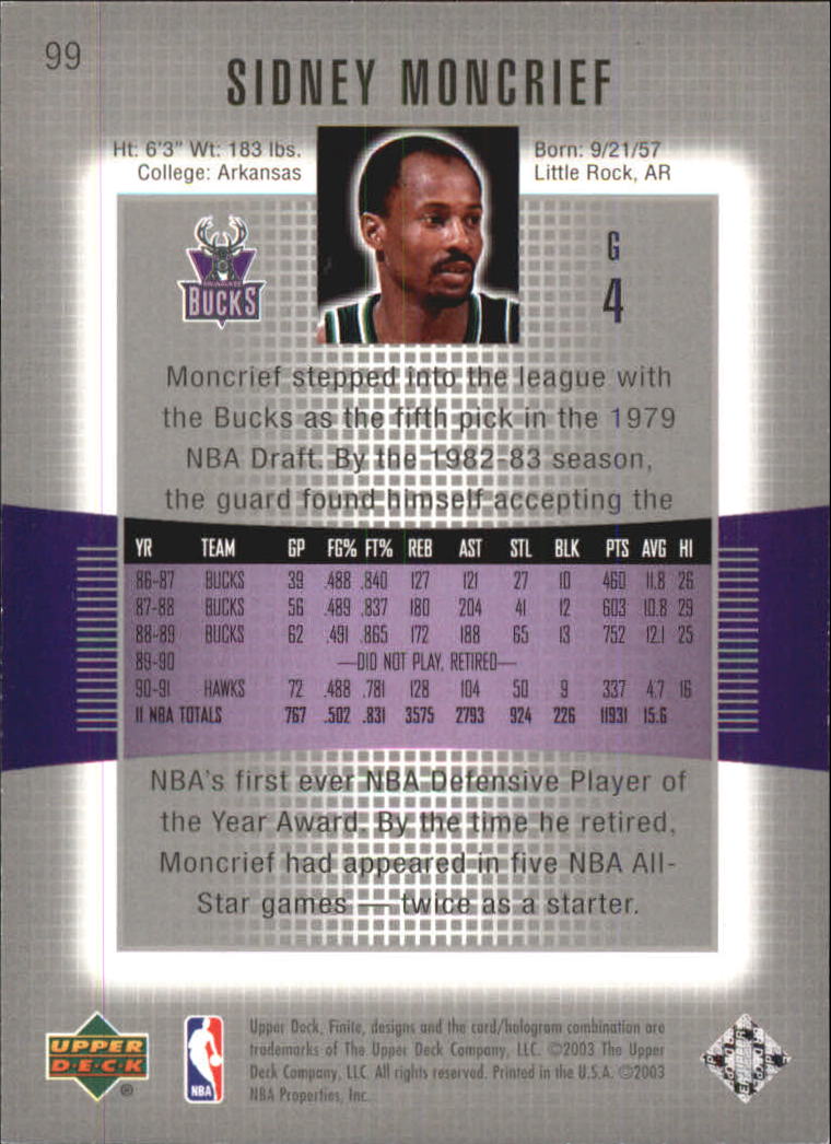 2003-04 Upper Deck Finite #99 Sidney Moncrief back image