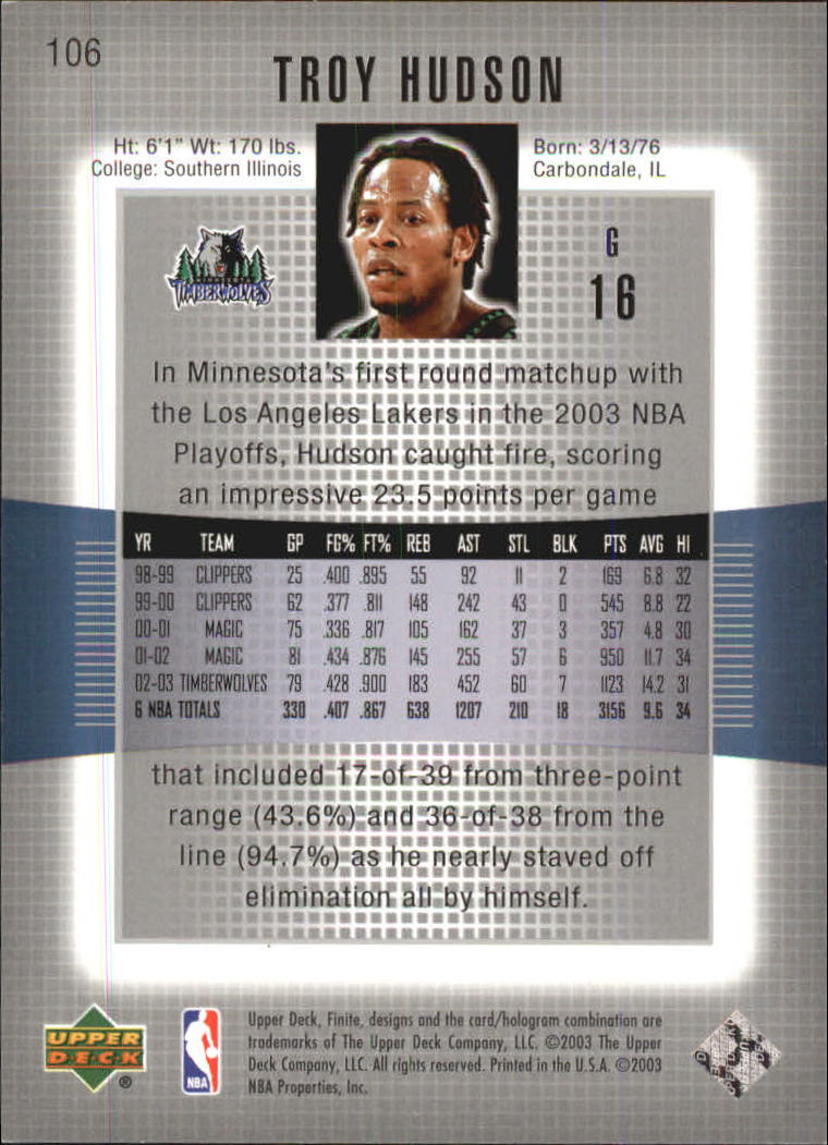 2003-04 Upper Deck Finite #106 Troy Hudson back image