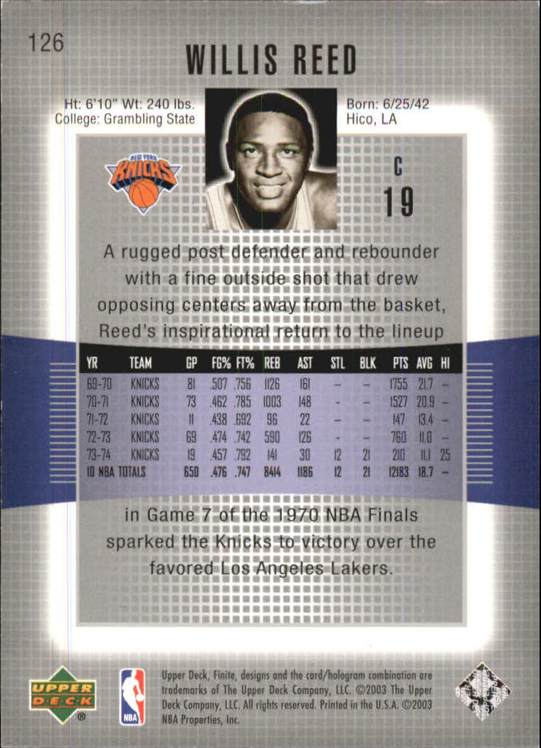 2003-04 Upper Deck Finite #126 Willis Reed back image