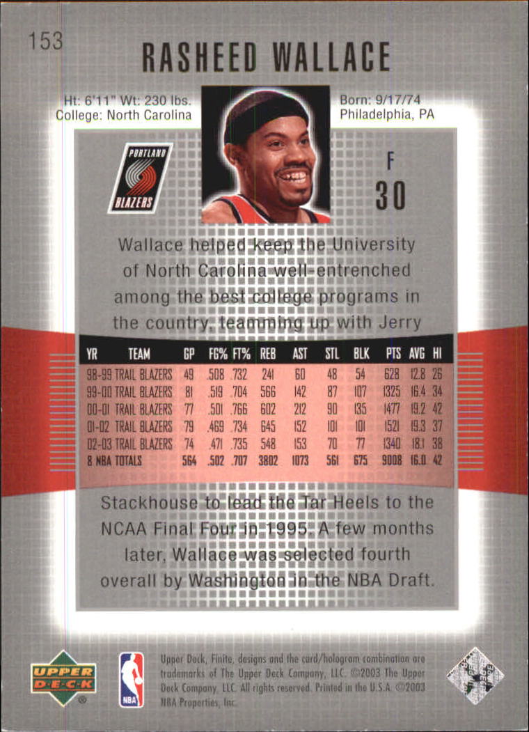 2003-04 Upper Deck Finite #153 Rasheed Wallace back image