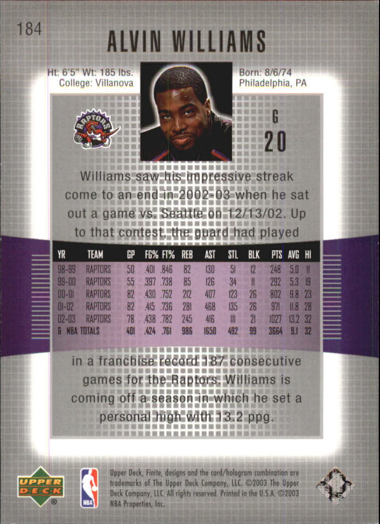 2003-04 Upper Deck Finite #184 Alvin Williams back image