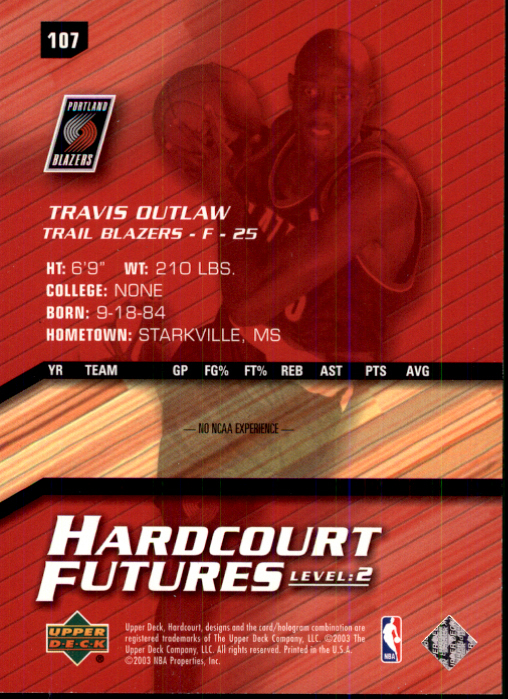 2003-04 Upper Deck Hardcourt #107 Travis Outlaw RC back image