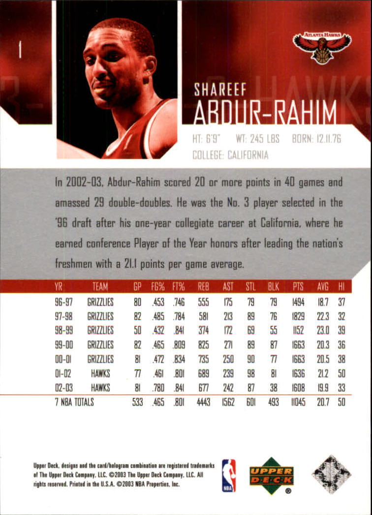 2003-04 Upper Deck #1 Shareef Abdur-Rahim back image