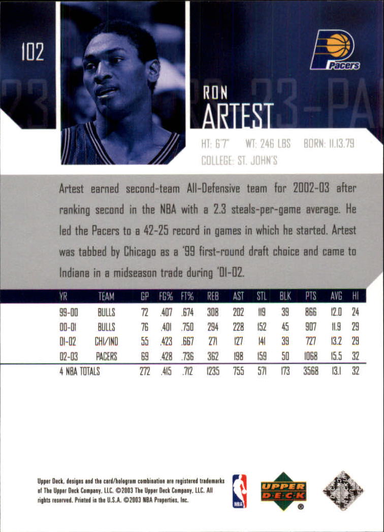 2003-04 Upper Deck #102 Ron Artest back image