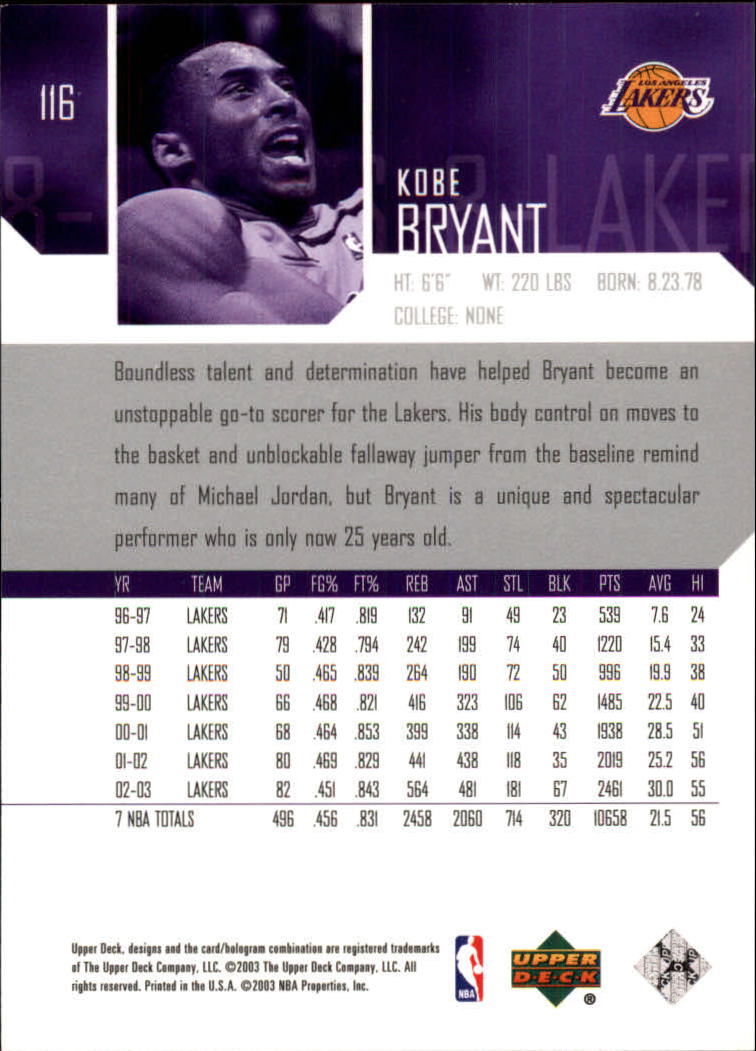 2003-04 Upper Deck #116 Kobe Bryant back image