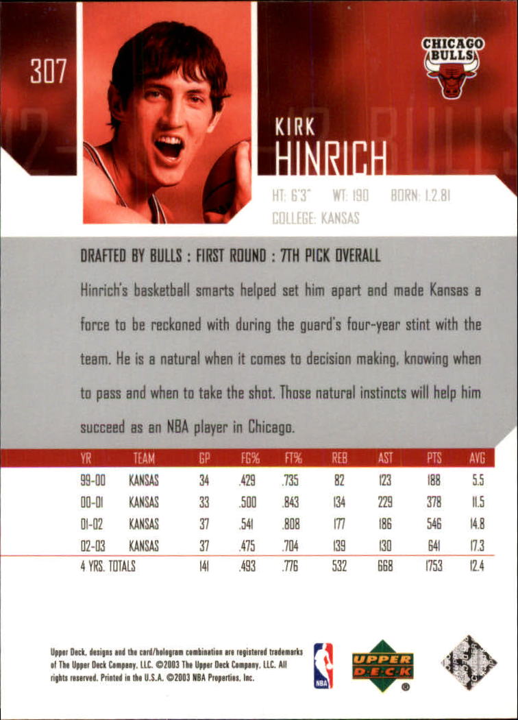 2003-04 Upper Deck #307 Kirk Hinrich RC back image