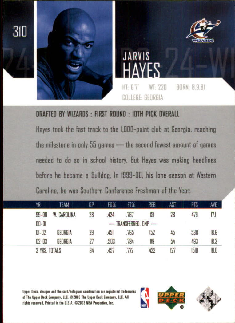 2003-04 Upper Deck #310 Jarvis Hayes RC back image