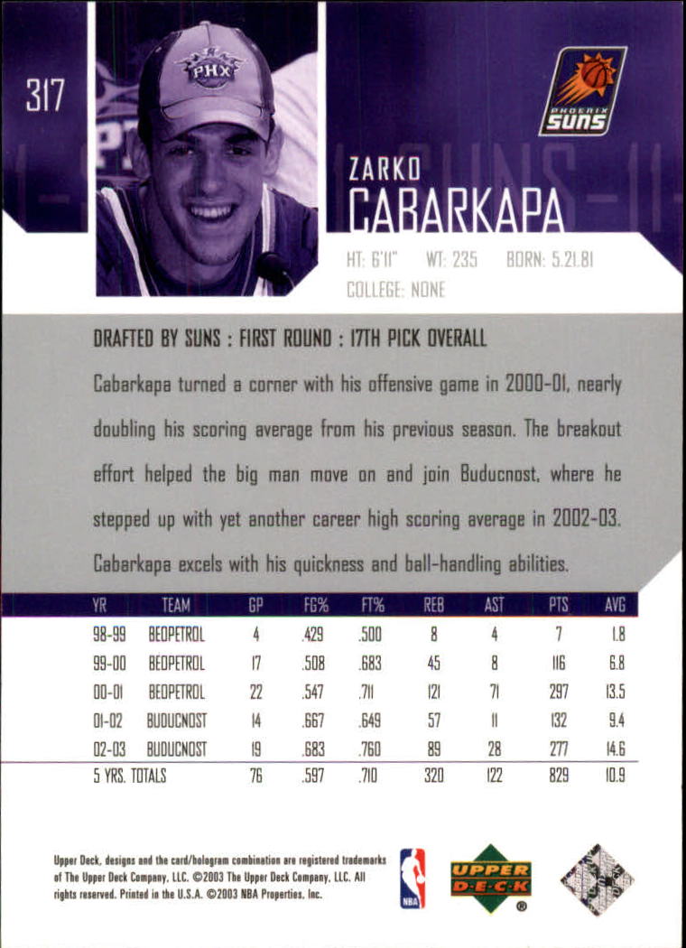 2003-04 Upper Deck #317 Zarko Cabarkapa RC back image