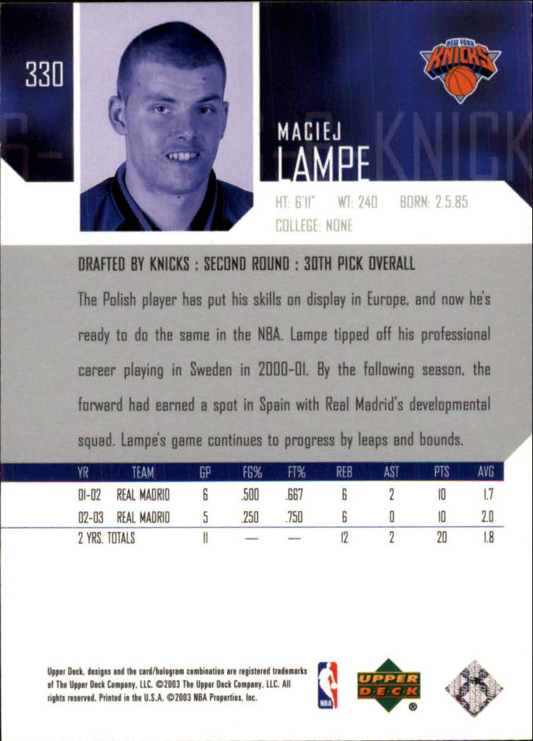 2003-04 Upper Deck #330 Maciej Lampe RC back image