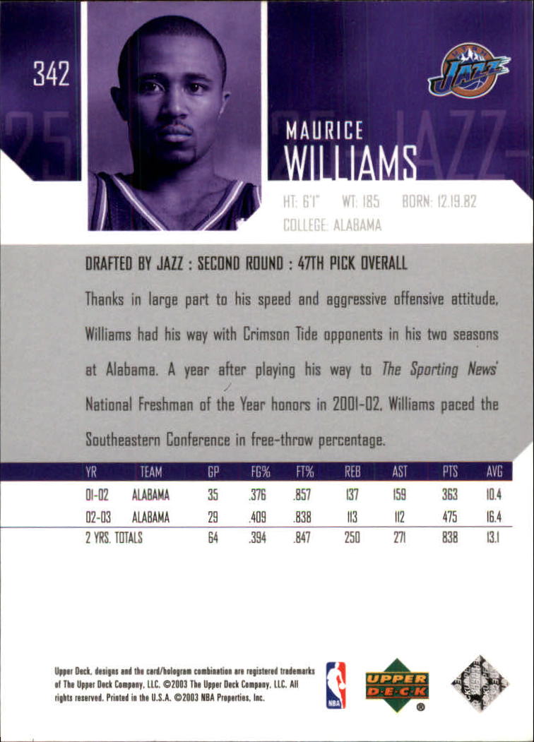 2003-04 Upper Deck #342 Maurice Williams RC back image