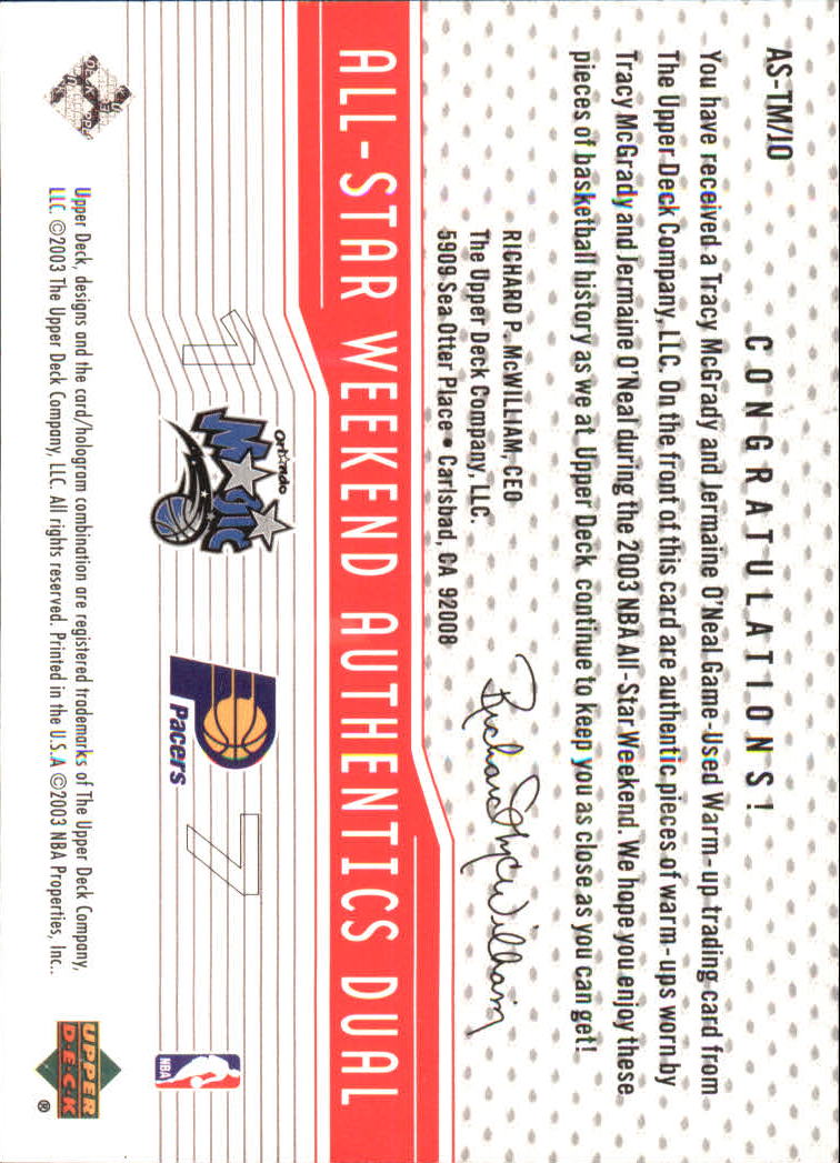 2003-04 Upper Deck All-Star Weekend Authentics Dual #TMJO Tracy McGrady/Jermaine O'Neal back image