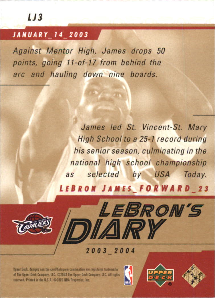 2003-04 Upper Deck LeBron's Diary #LJ3 LeBron James back image