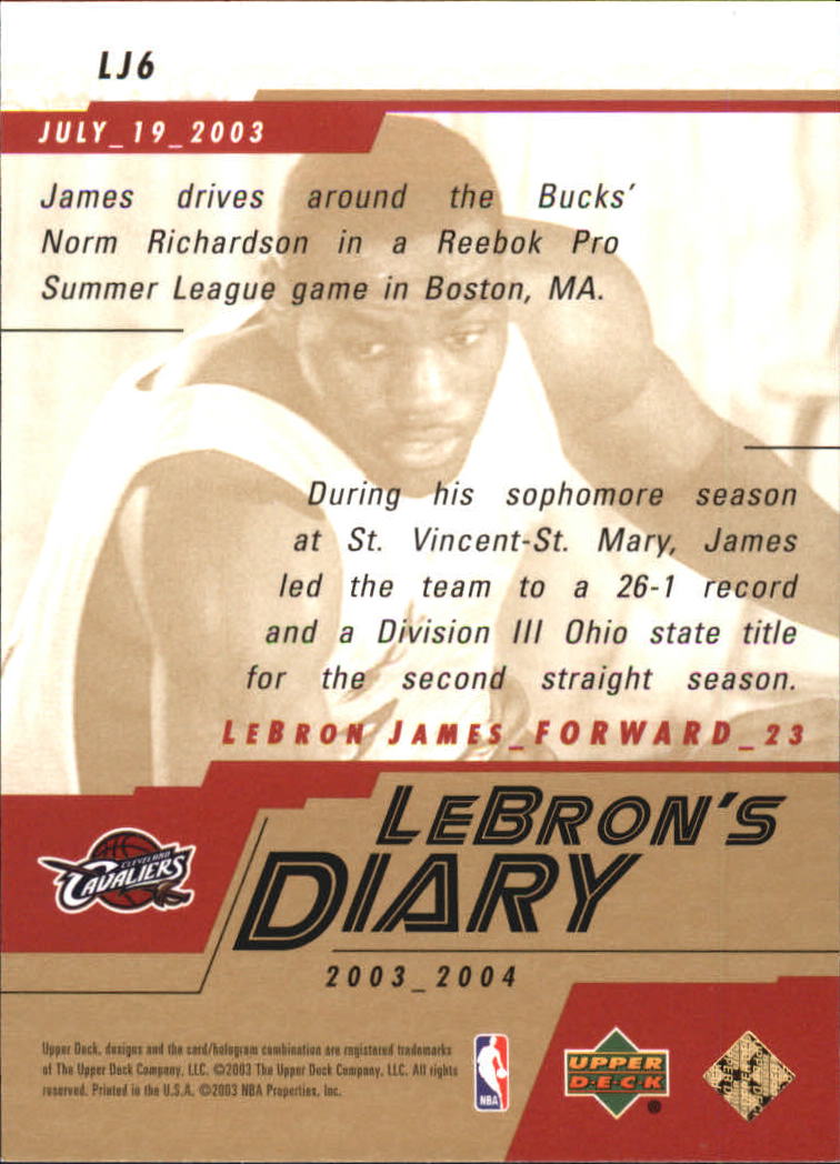2003-04 Upper Deck LeBron's Diary #LJ6 LeBron James back image