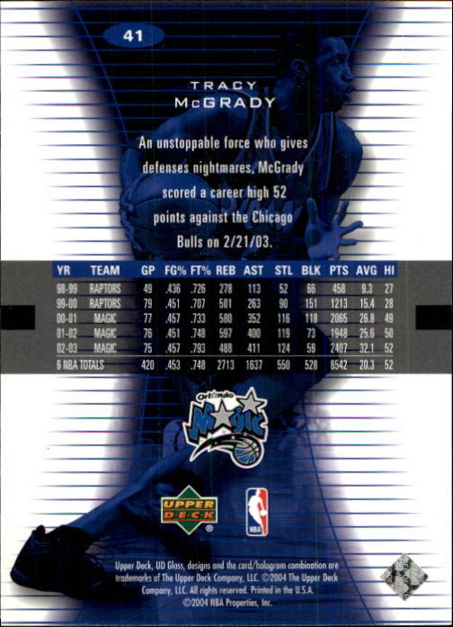 2003-04 UD Glass #41 Tracy McGrady back image