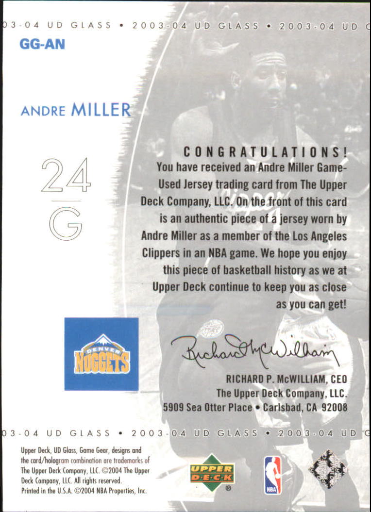 2003-04 UD Glass Game Gear #GGAN Andre Miller back image