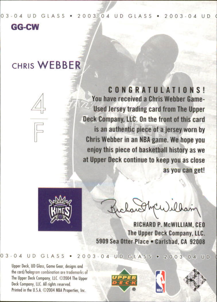 2003-04 UD Glass Game Gear #GGCW Chris Webber back image