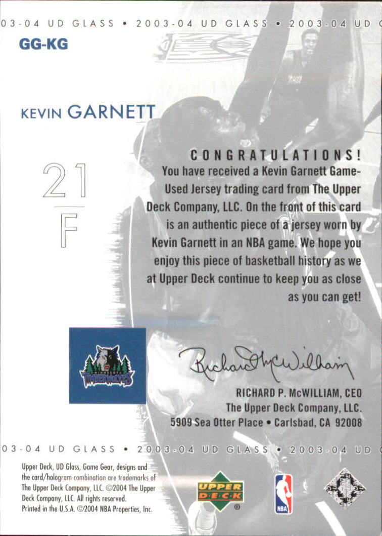 2003-04 UD Glass Game Gear #GGKG Kevin Garnett back image
