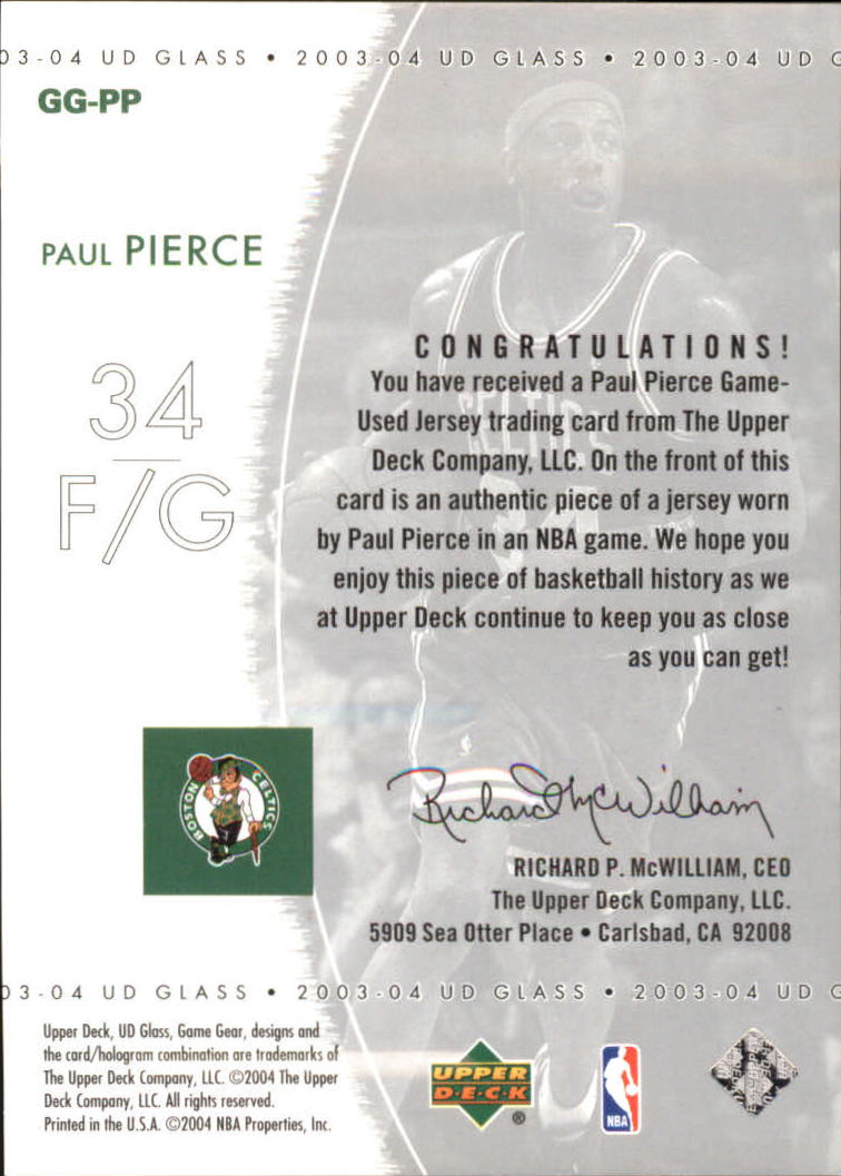 2003-04 UD Glass Game Gear #GGPP Paul Pierce back image