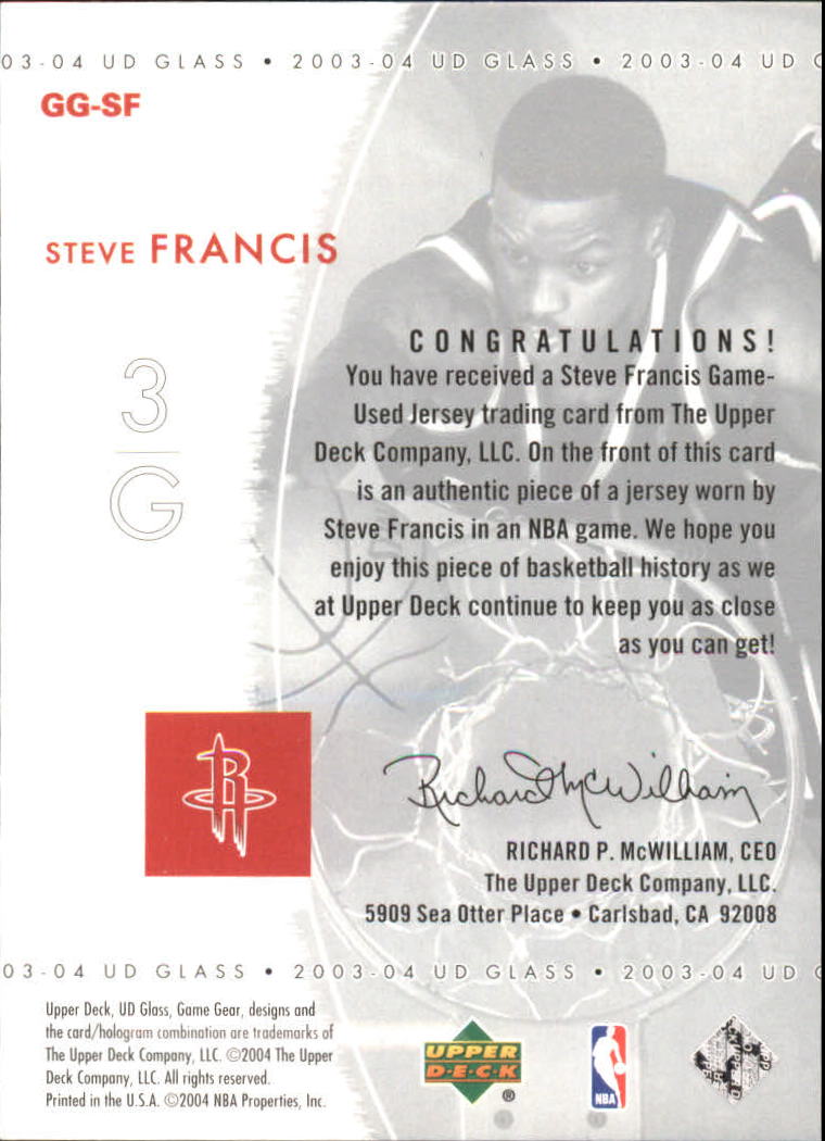 2003-04 UD Glass Game Gear #GGSF Steve Francis back image