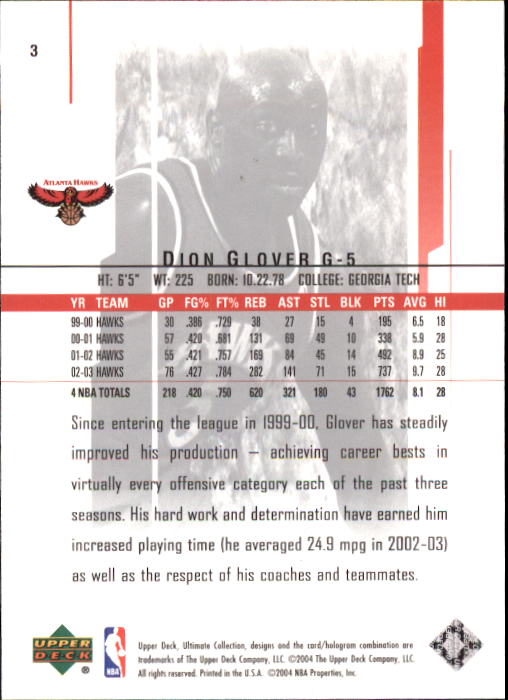 2003-04 Ultimate Collection #3 Dion Glover back image