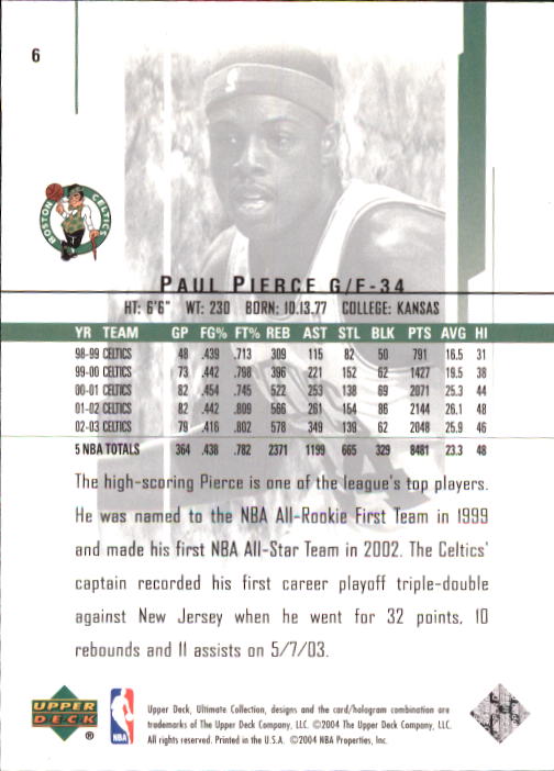 2003-04 Ultimate Collection #6 Paul Pierce back image